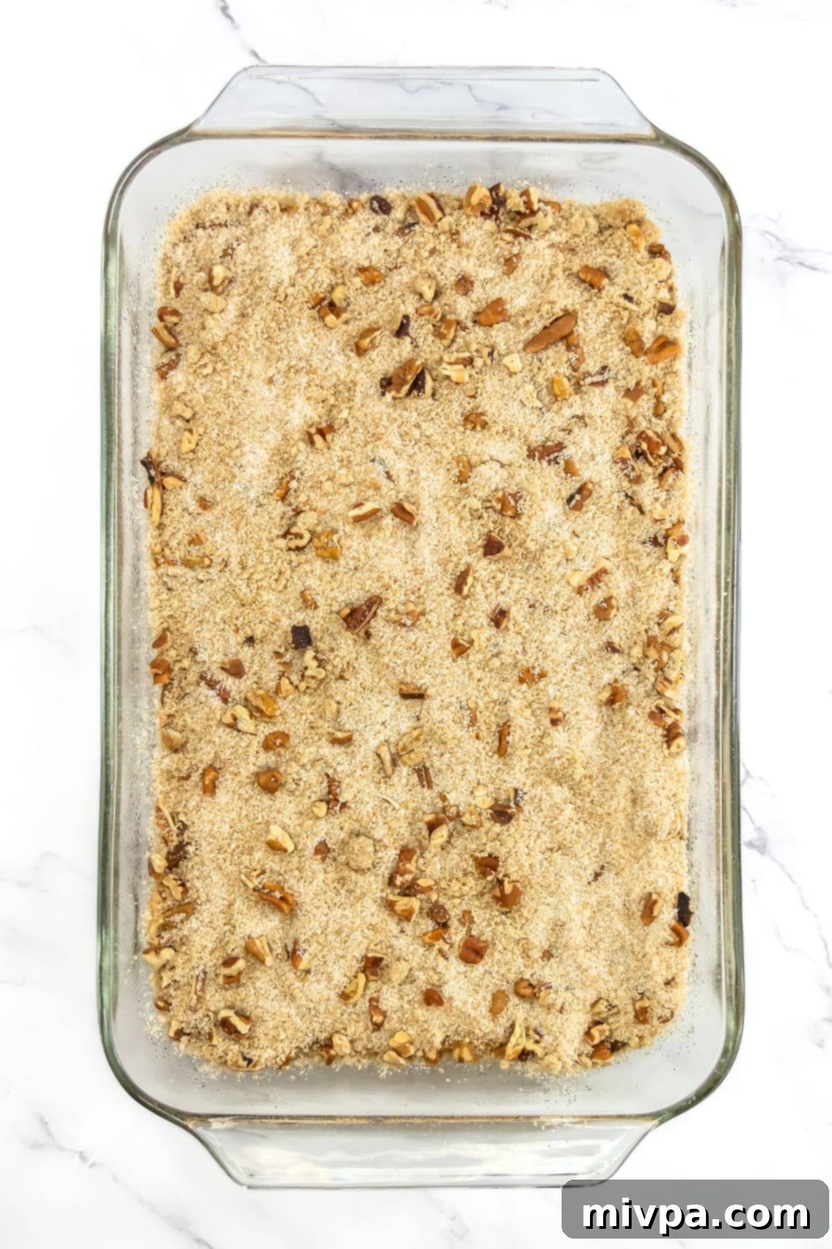 Pecan topping in casserole dish