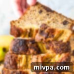A stack of slices of chocolate chip banana bread