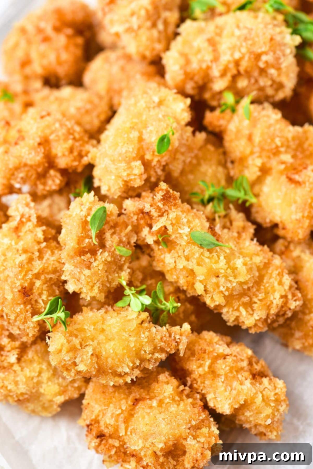 Gluten-Free Chicken Nuggets (Dairy-Free) Close-up view of golden brown homemade gluten-free chicken nuggets arranged on parchment paper, highlighting their crispy texture.