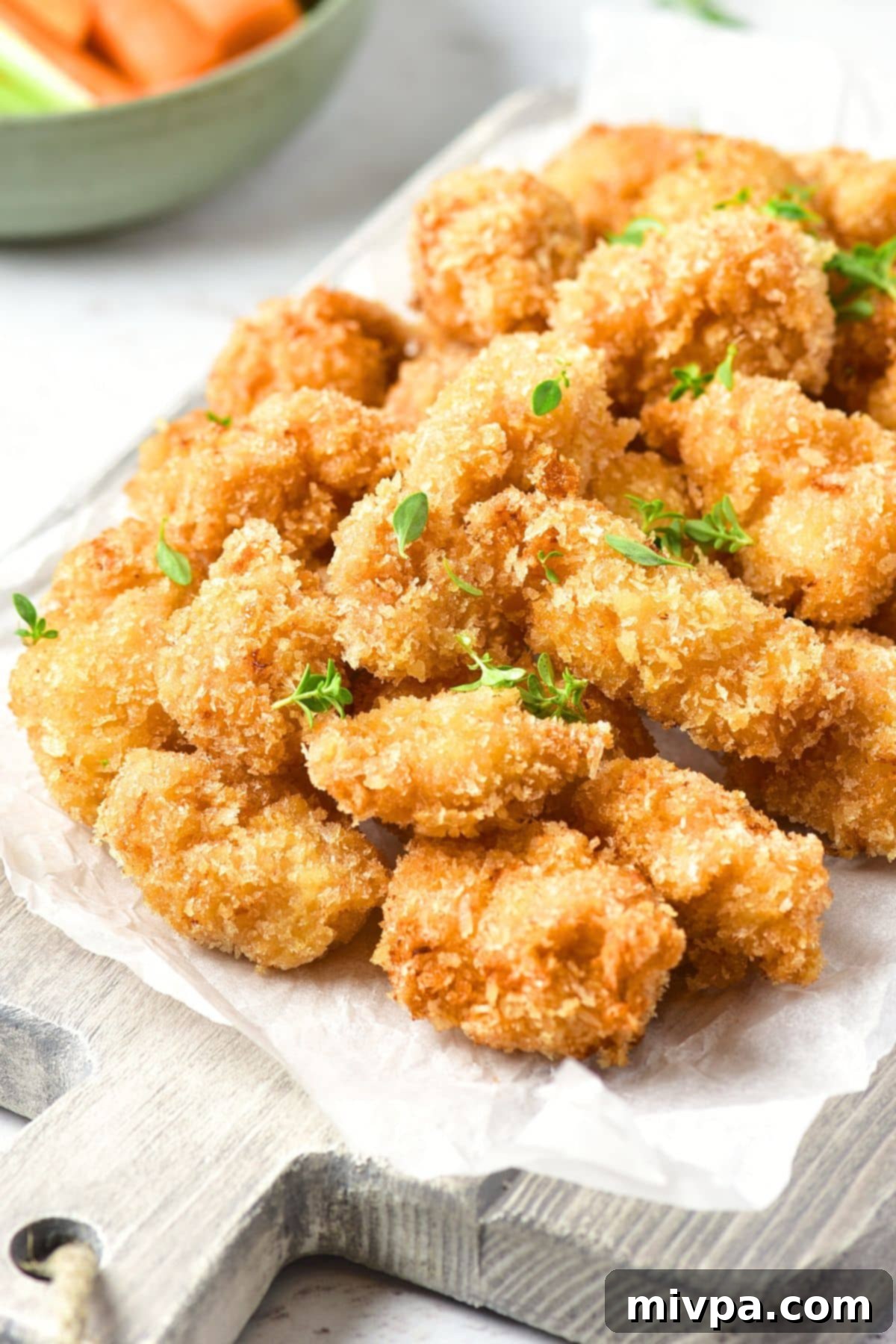 Deliciously Crispy Gluten and Dairy-Free Chicken Nuggets 2 A wooden serving board overflowing with perfectly fried, crispy gluten-free chicken bites, ready to be enjoyed.