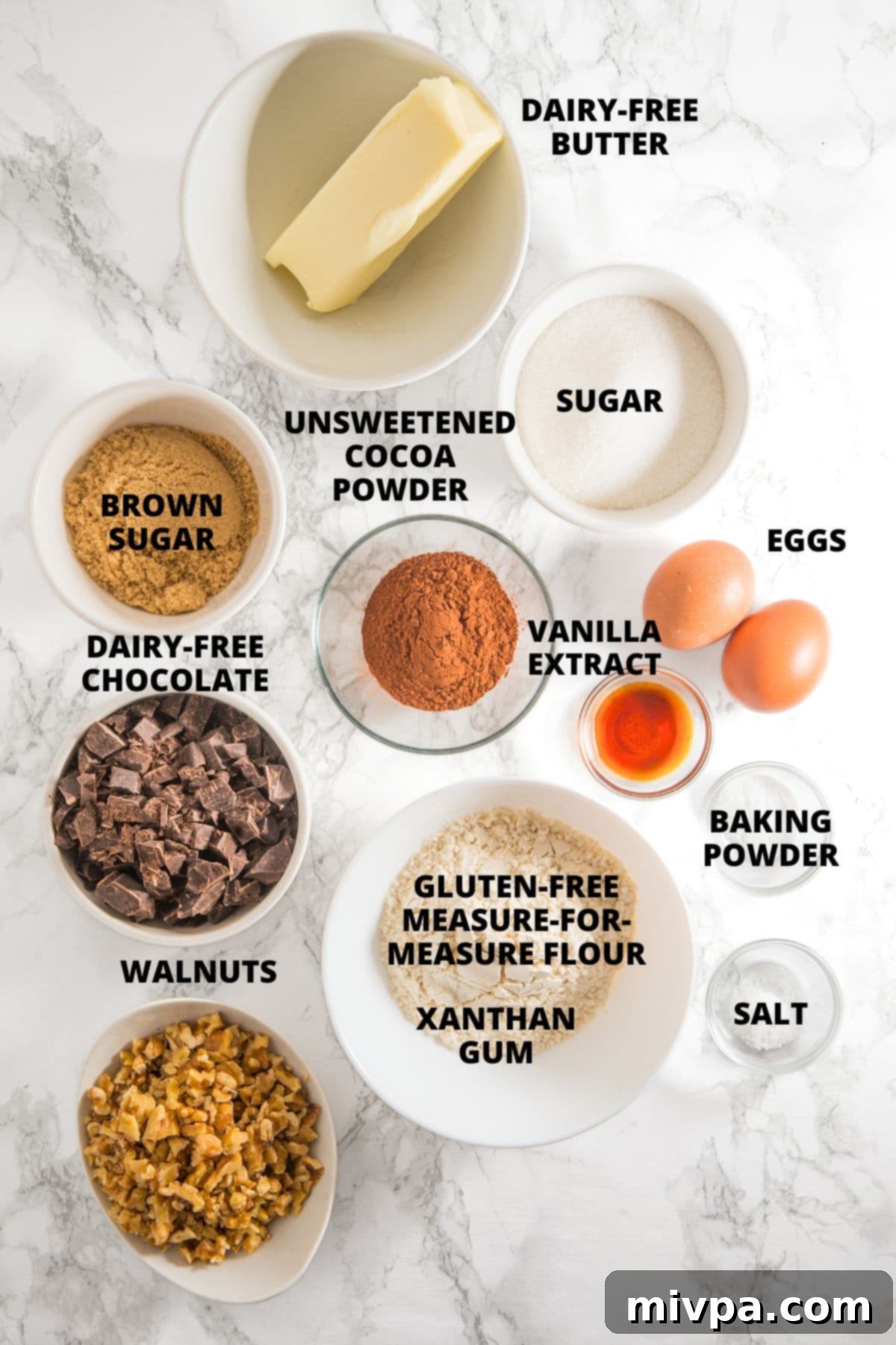Chocolate Walnut Cookies Ingredients (Gluten-Free, Dairy-Free) Ingredients for chocolate walnut cookies recipe, neatly arranged on a marble board, ready for baking.