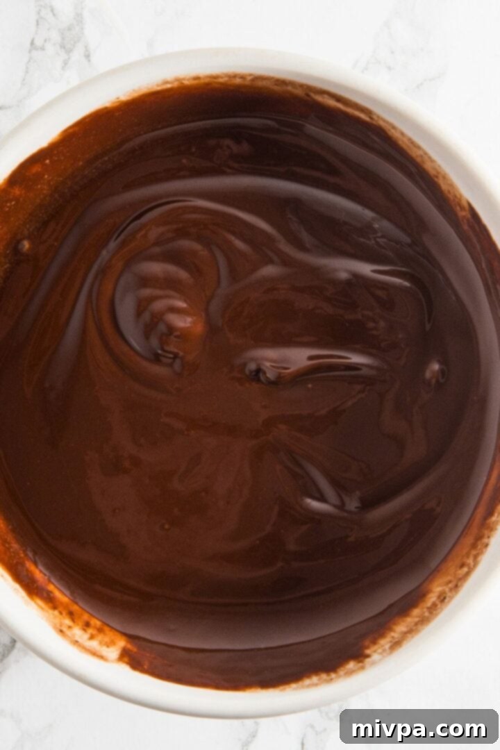 Melted Chocolate and Butter for Cookies A bowl showcasing the perfectly melted chocolate and butter mixture, smooth and ready for the next step.