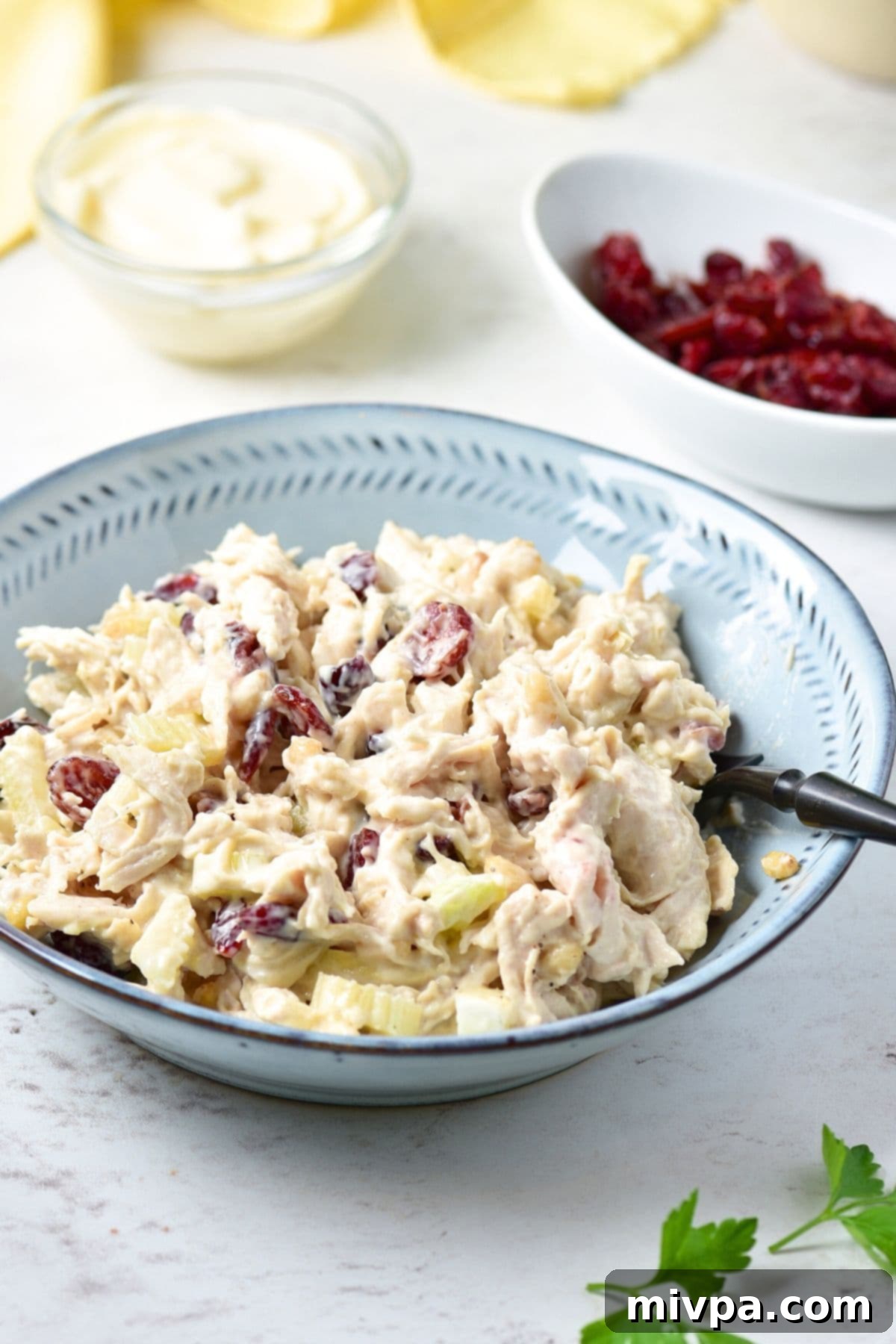 Cranberry Chicken Salad (Gluten-Free, Dairy-Free) A bowl of cranberry chicken salad on marble board, garnished with fresh herbs.