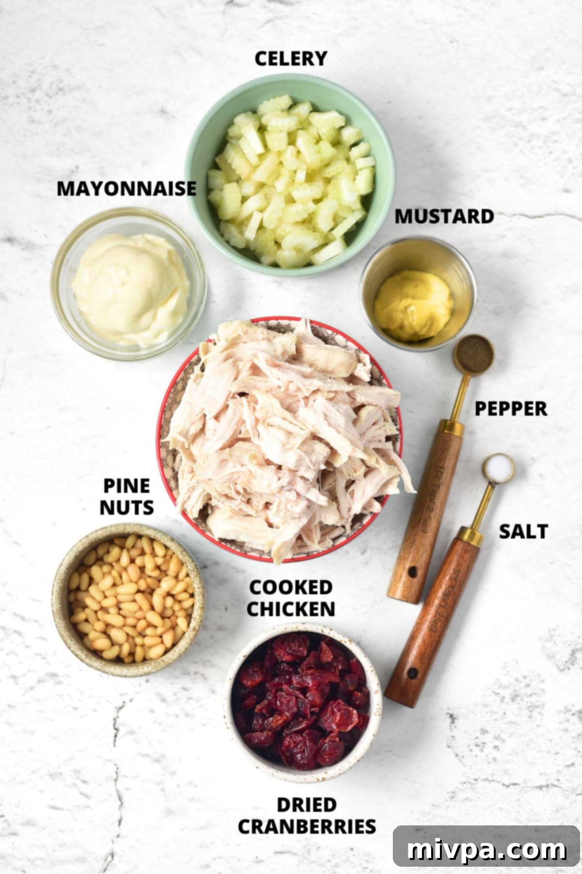 Cranberry Chicken Salad Recipe (Gluten-Free, Dairy-Free) Ingredients for cranberry chicken salad recipe laid out on a marble board, including chicken, cranberries, pine nuts, celery, and dressing components.