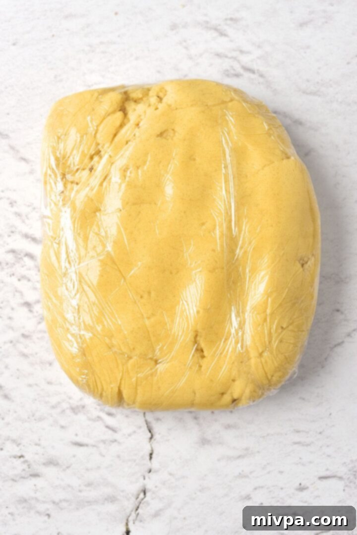 Christmas Sugar Cookies (Gluten-Free, Dairy-Free) The cookie dough neatly wrapped in plastic wrap, prepared for chilling in the refrigerator.