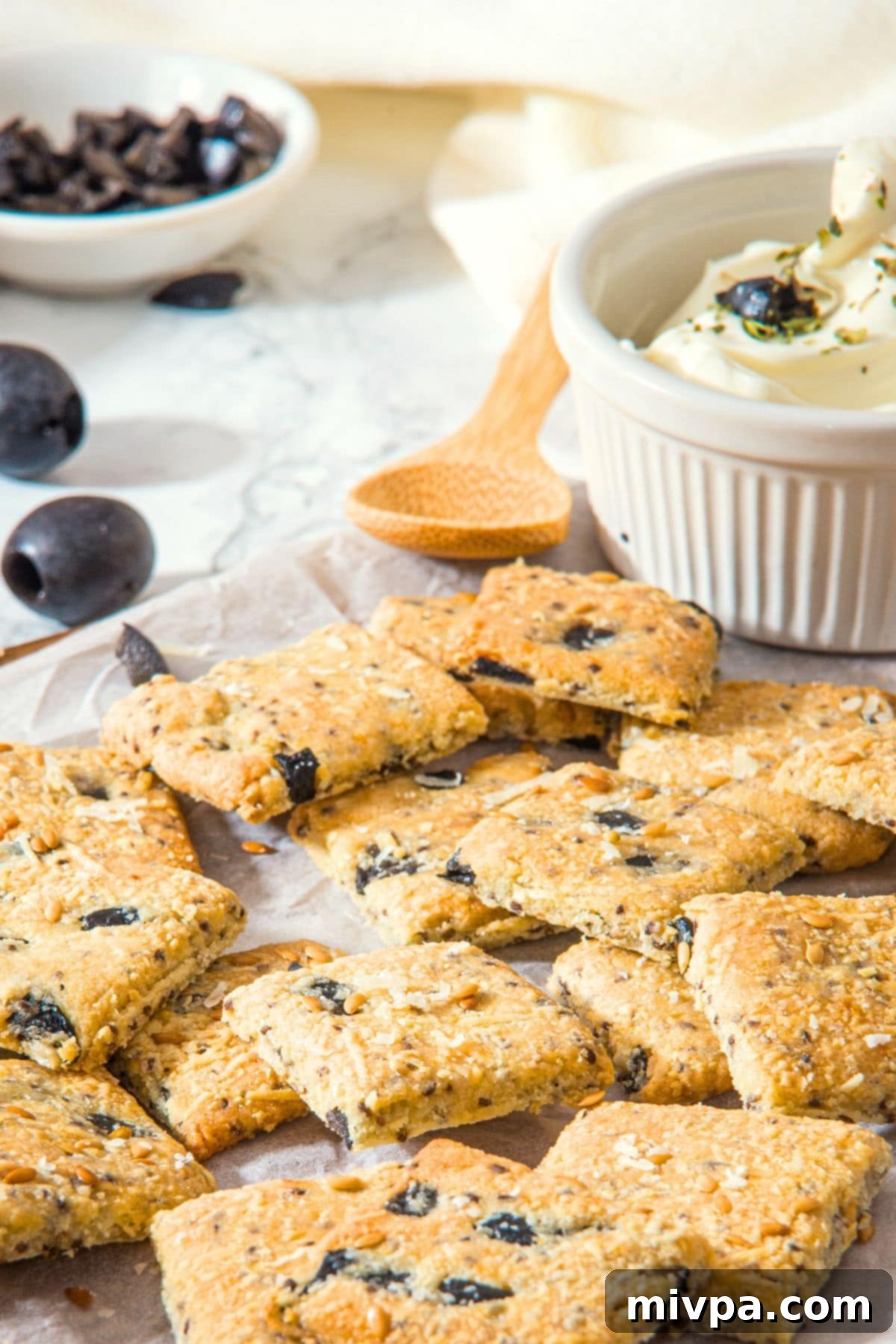 Almond Flour Cracker Recipe (Gluten-Free, Dairy-Free) Almond flour crackers on parchment-lined wooden board with cream cheese dip.