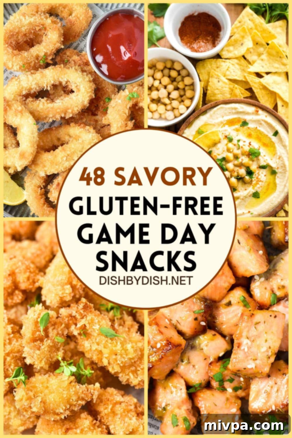 Game Day Glory: 48 Gluten-Free Snacks Everyone Can Enjoy 2 Collage of various savory gluten-free game day snacks including dips, wings, poppers, and fries.