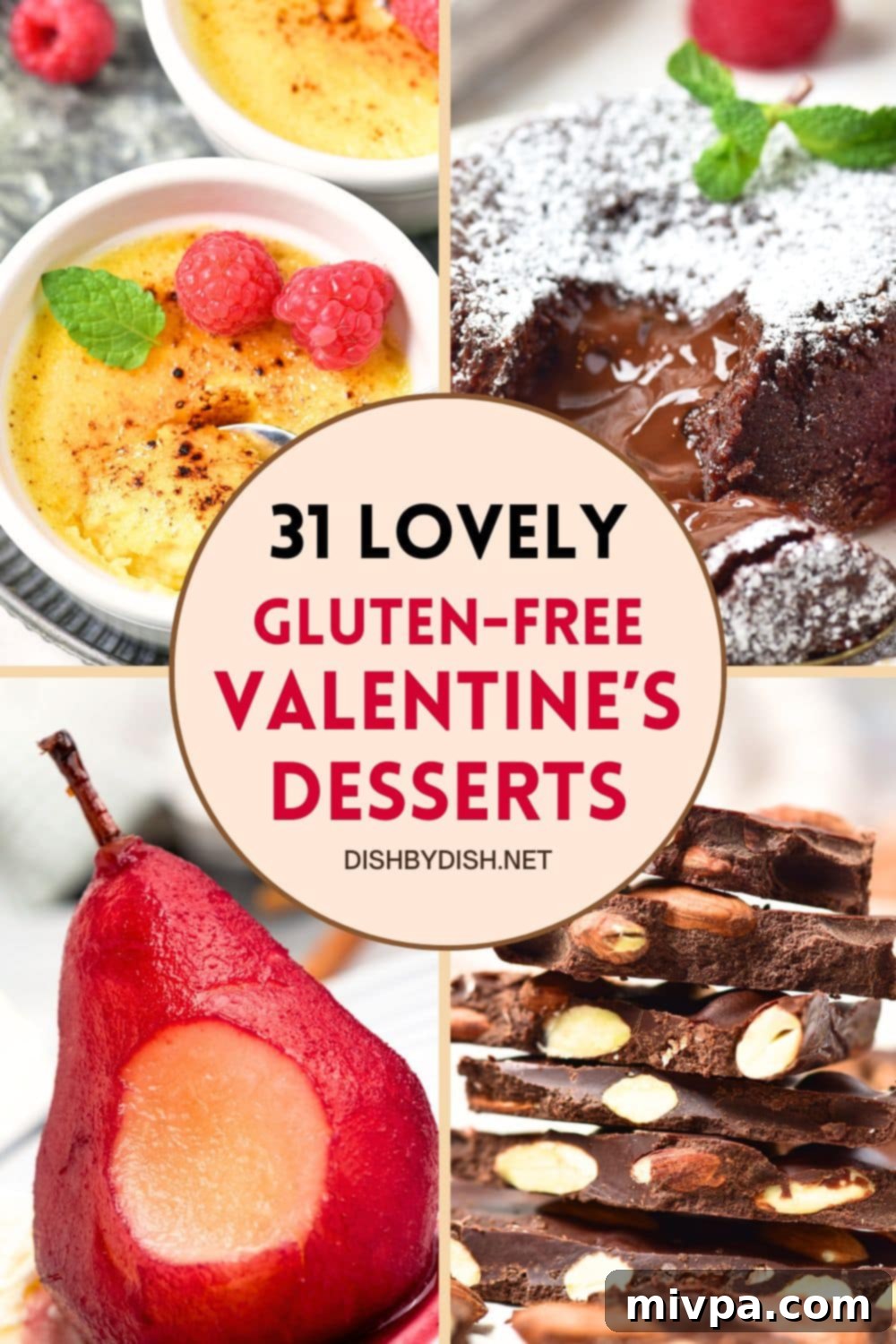 A beautifully arranged selection of gluten-free Valentine's Day desserts, including a chocolate lava cake and heart-shaped cookies, set on a romantic backdrop.