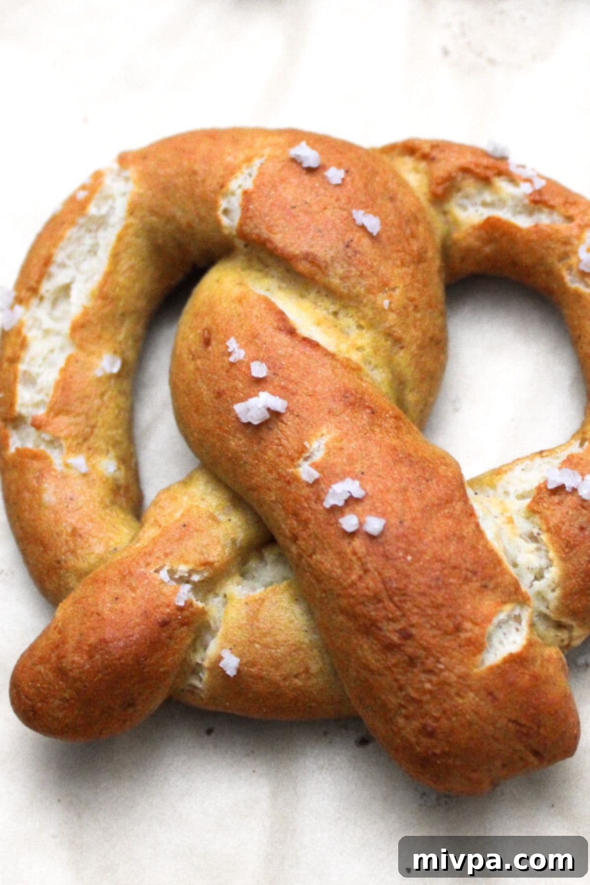 An up-close view of a single gluten-free pretzel with coarse salt, showcasing its perfect golden-brown crust and inviting texture.