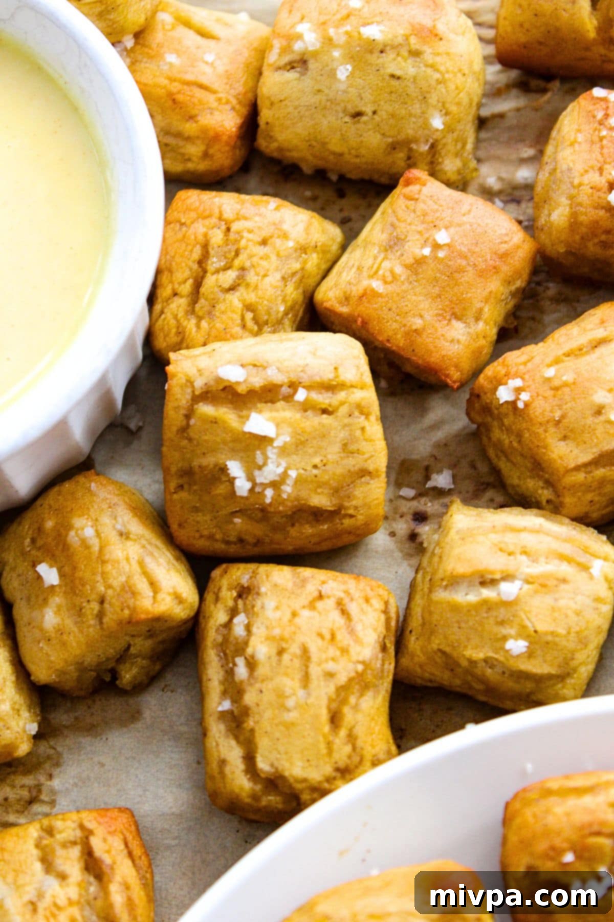 Gluten-free soft pretzel bites on parchment paper, ready to be enjoyed.
