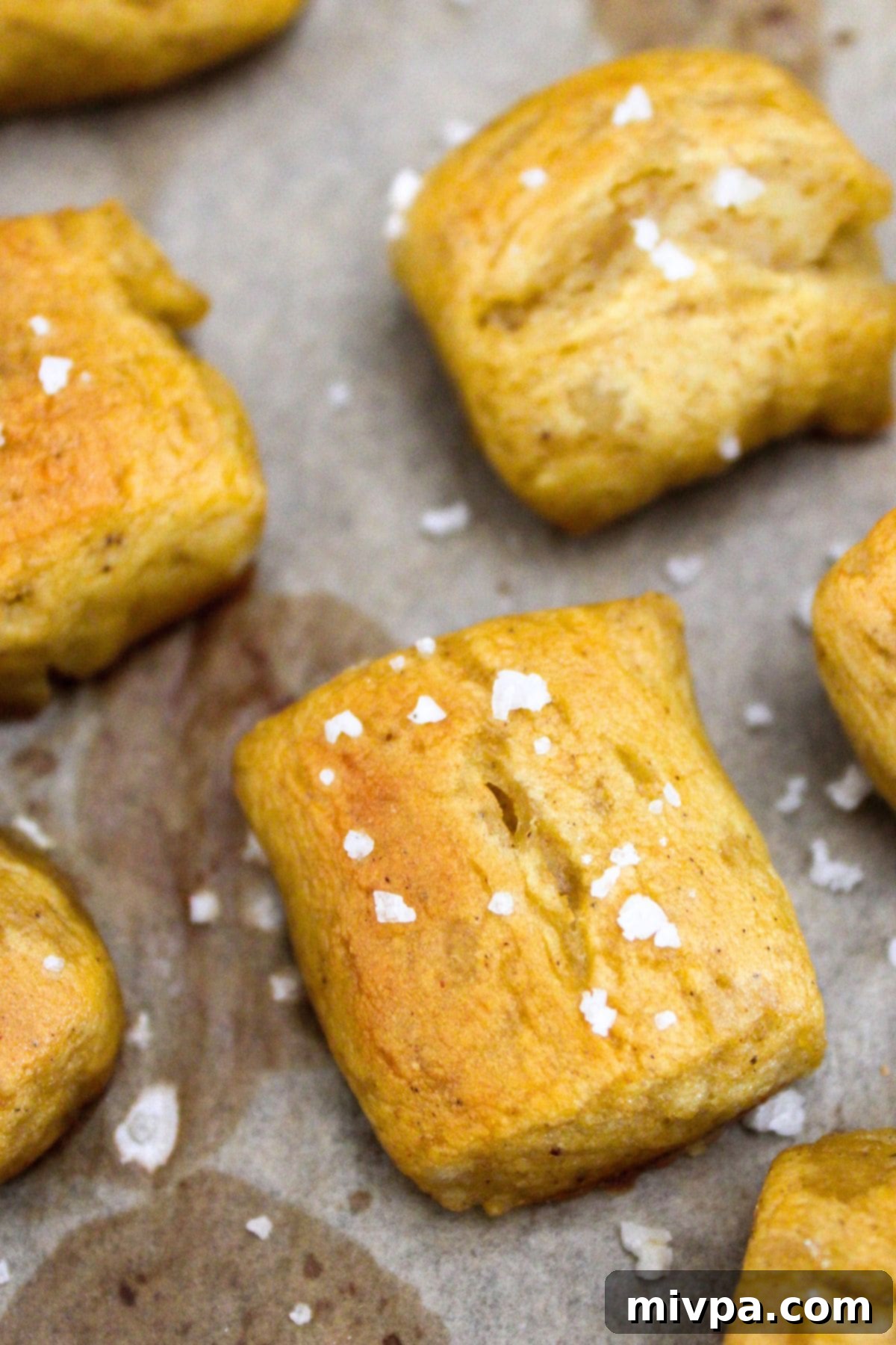 Up close view of gluten-free soft pretzel bites topped with coarse sea salt, showcasing texture.
