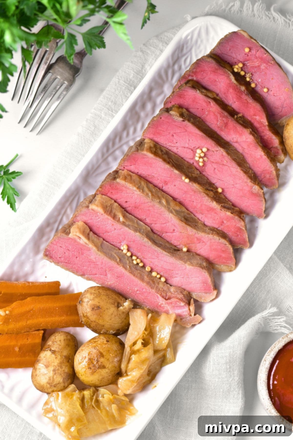 A plate of slow cooked corned beef and cabbage, ready to be enjoyed.