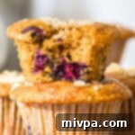 Wholesome Gluten Free Cottage Cheese Blueberry Muffins 3 Half-eaten cottage cheese blueberry muffins with a golden crumb topping