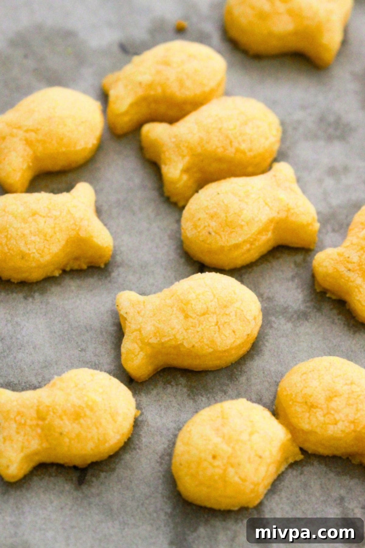 Crispy Goldfish Crackers (Gluten-Free, Dairy-Free Option) A baking sheet covered with parchment paper, freshly baked goldfish crackers cooling, showcasing their golden-brown color and perfect shape.