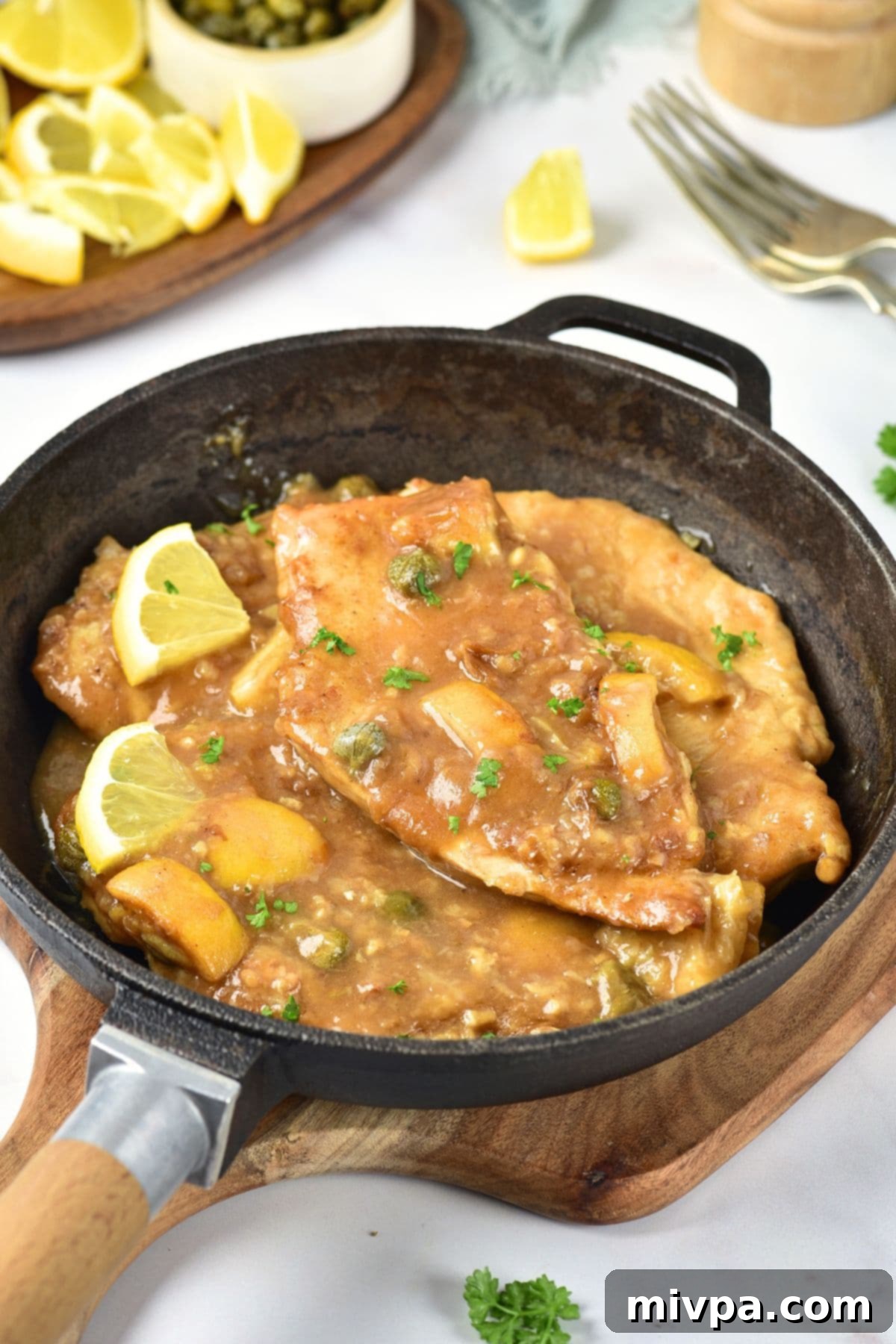 Chicken piccata with slices of lemon in a skillet