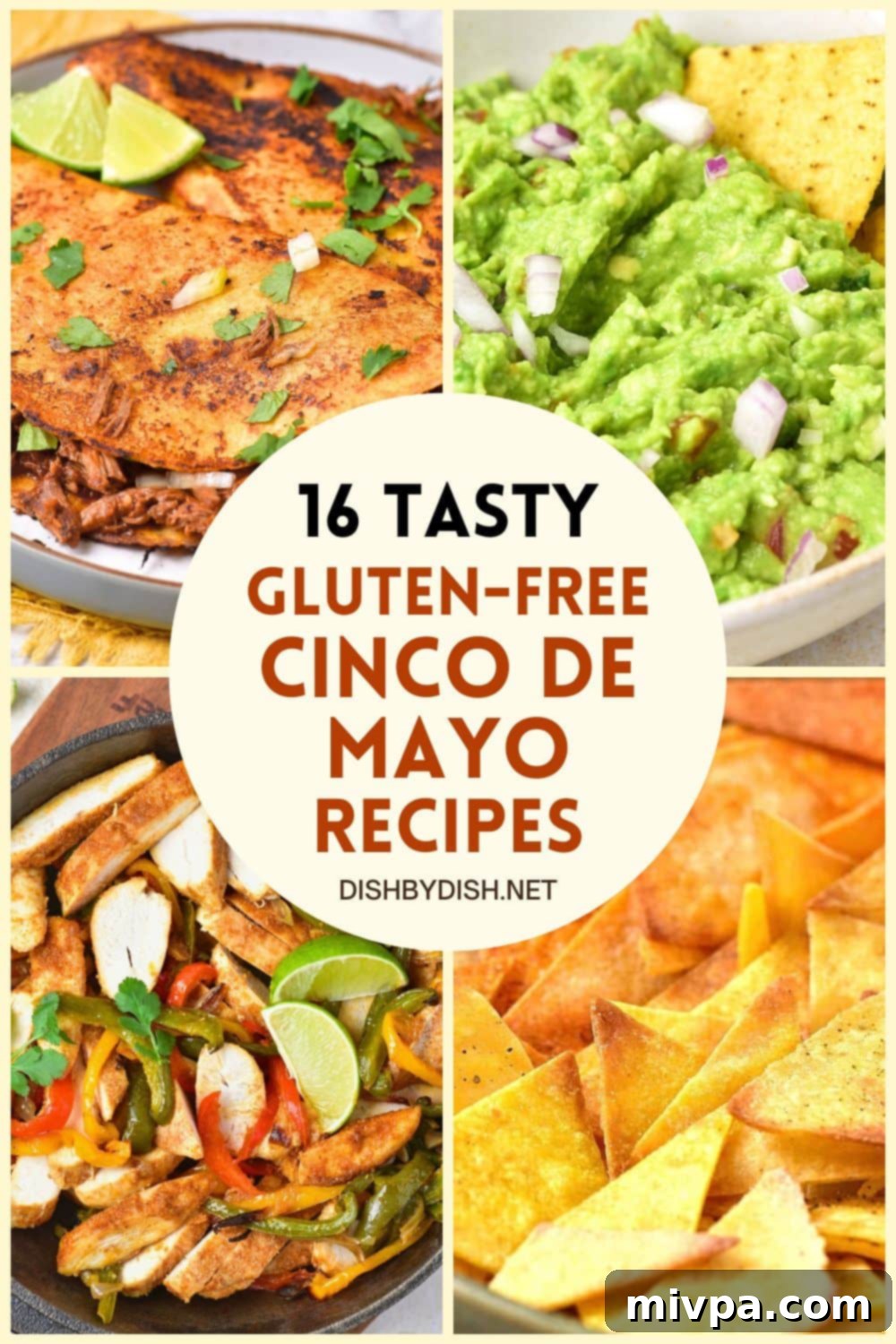 Collage of images of various gluten-free Cinco de Mayo recipes including tacos, guacamole, salsa, and churros
