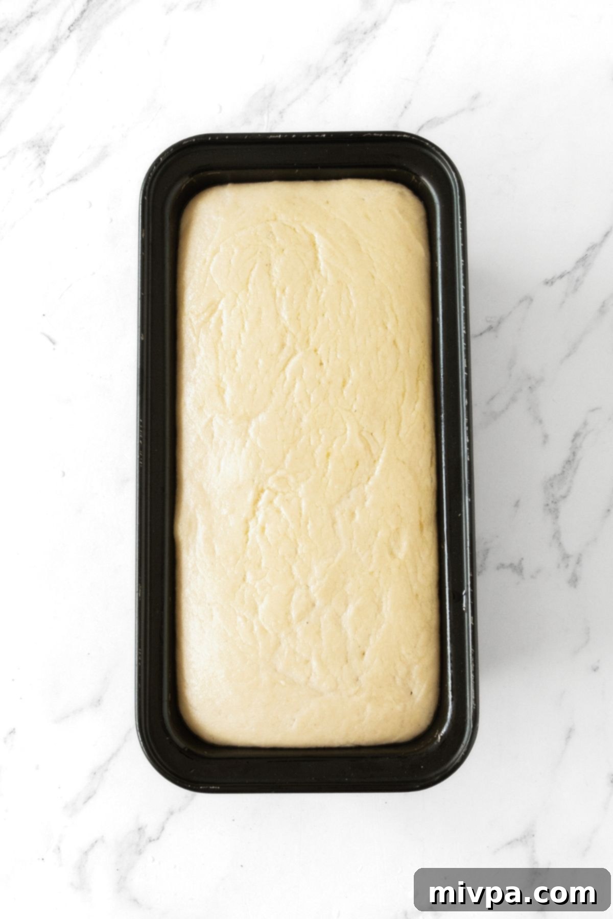 Risen bread dough in loaf pan.