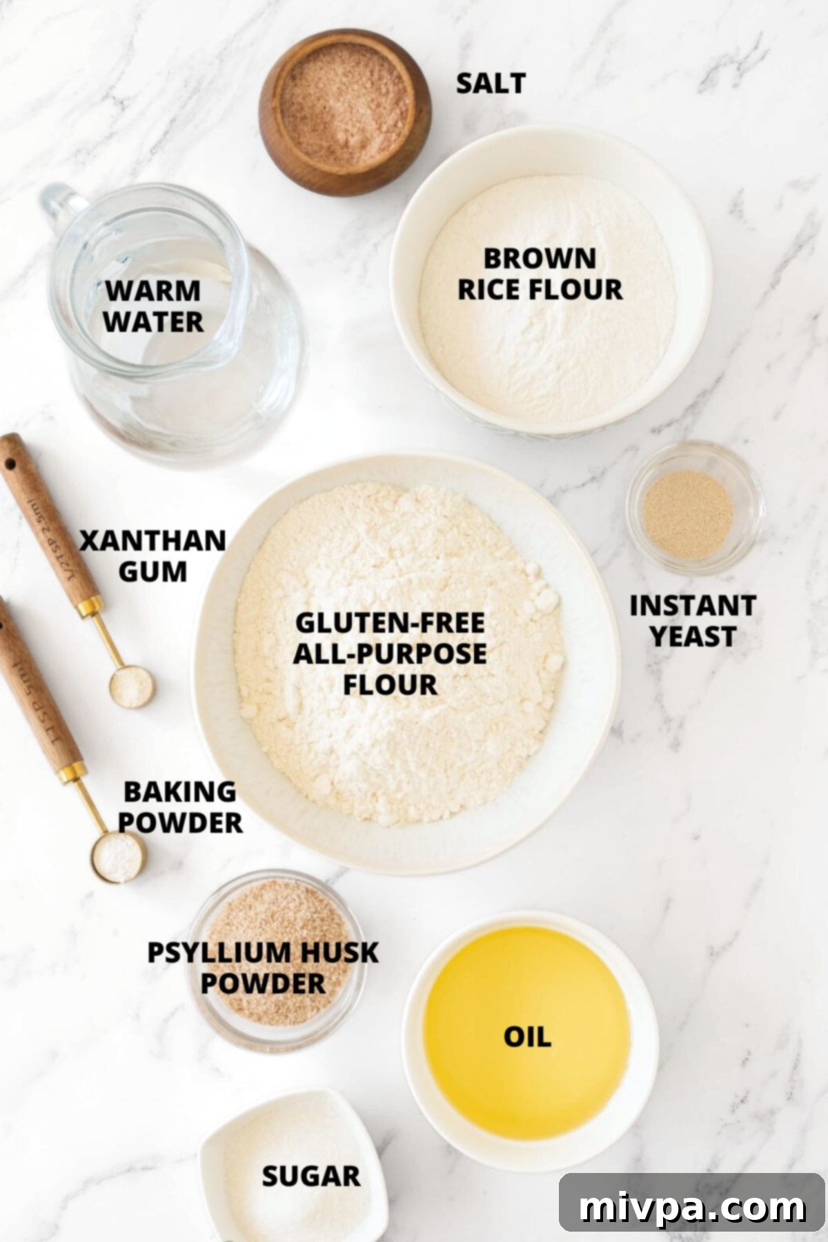 Ingredients for egg-free gluten-free bread without eggs.