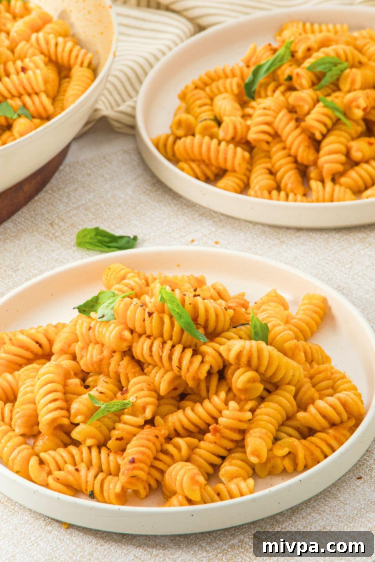 Up close shot of plate with fusili pasta.