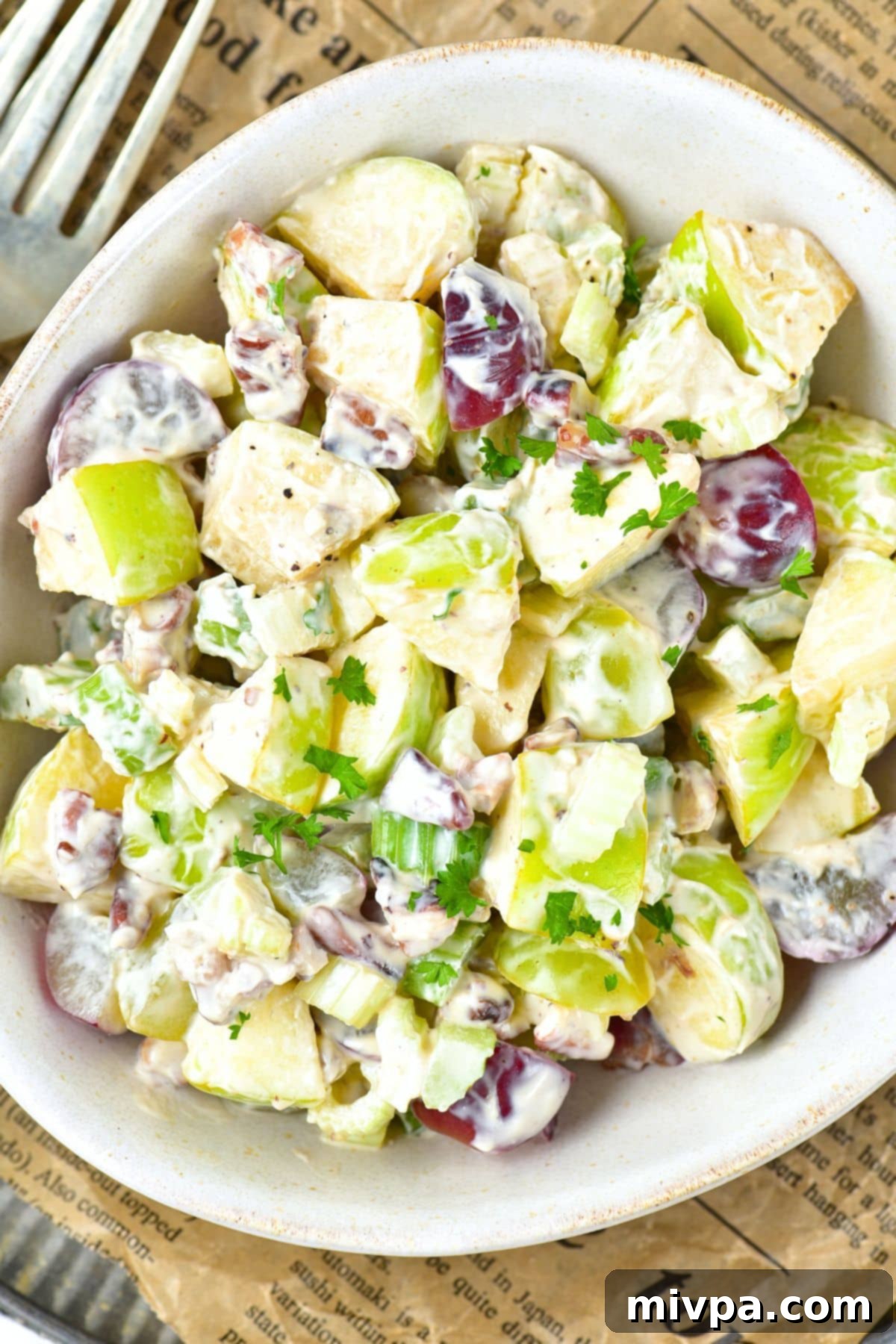 Apple Waldorf Salad (Gluten-Free, Vegan) Top down view of a bowl of salad with grapes, chicken and celery