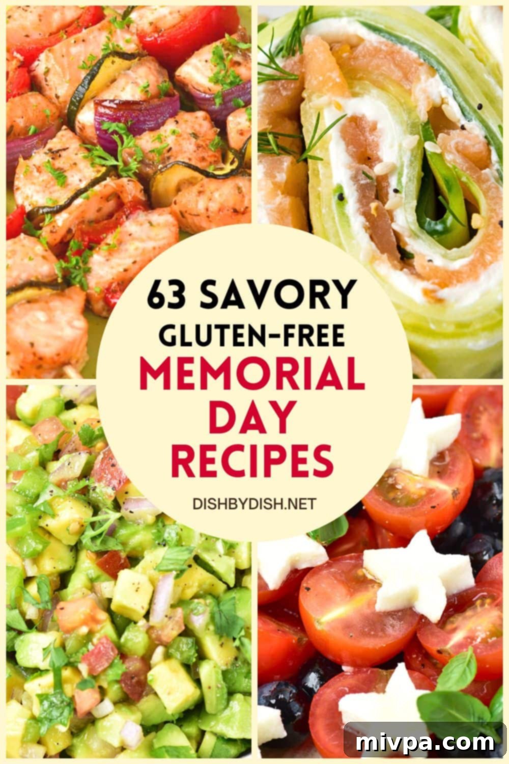 A vibrant spread of gluten-free Memorial Day dishes including salads, dips, and grilled items, set on a picnic table.