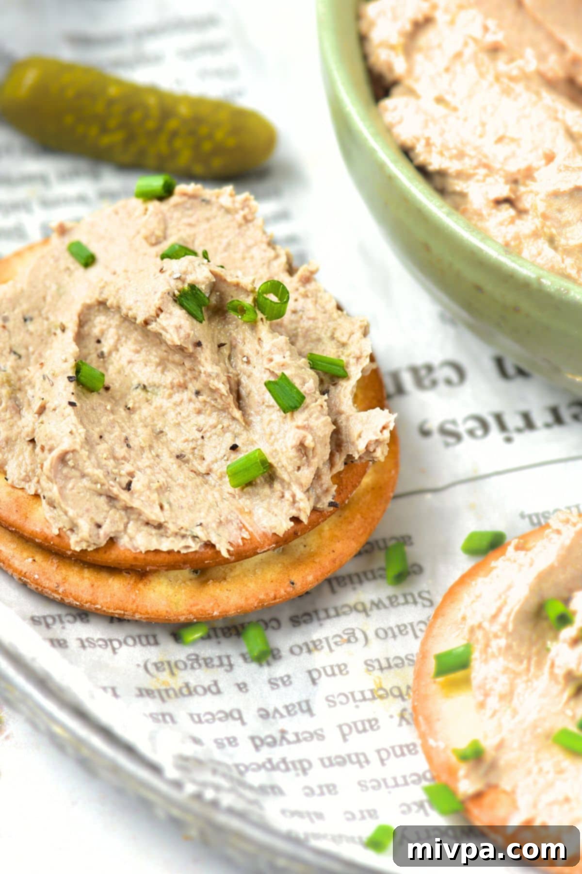 Crackers spread with creamy duck liver pate and garnished with fresh chives, ready to be served.