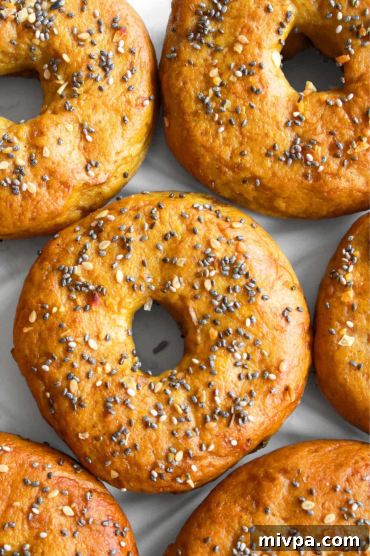 Vegan Gluten-Free Bagels Top-down view of freshly baked vegan gluten-free everything bagels arranged on a pristine white board.