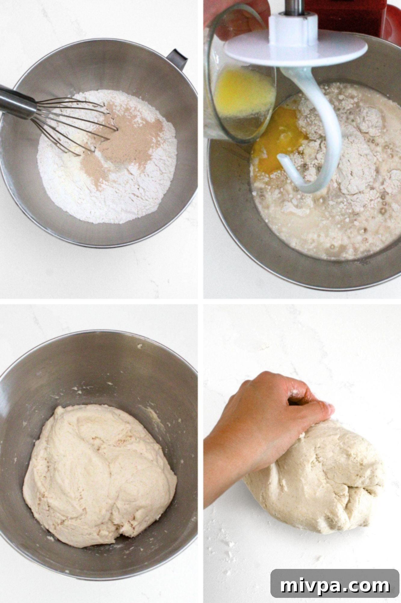 Gluten-Free Vegan Bagels (Chewy and Tender!) A visual collage showing the steps of preparing gluten-free bagel dough, from mixing to initial rise.