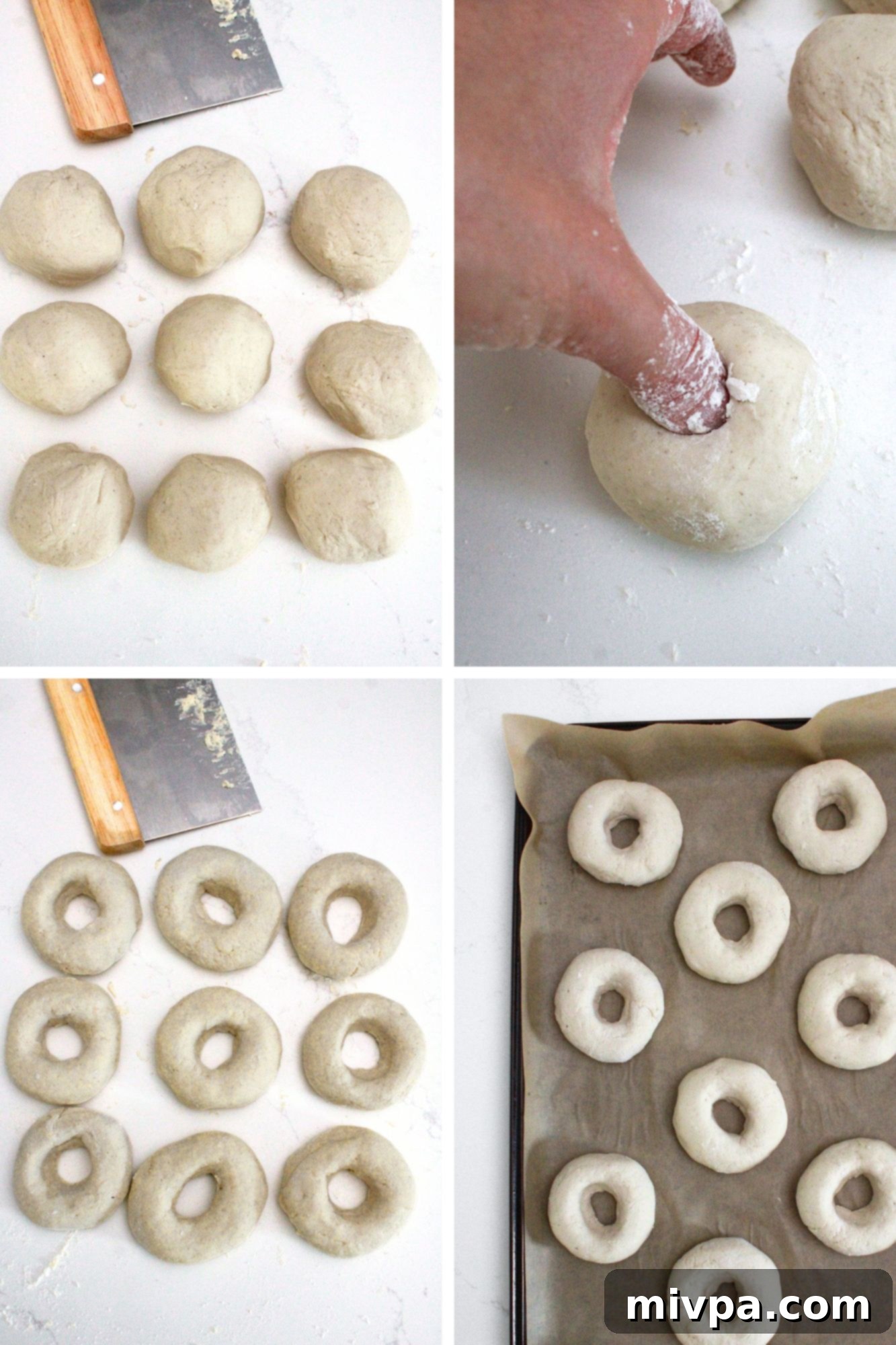 Gluten-Free and Vegan Bagel Dough A step-by-step image of shaping gluten-free and vegan bagel dough, forming the iconic hole in the center.