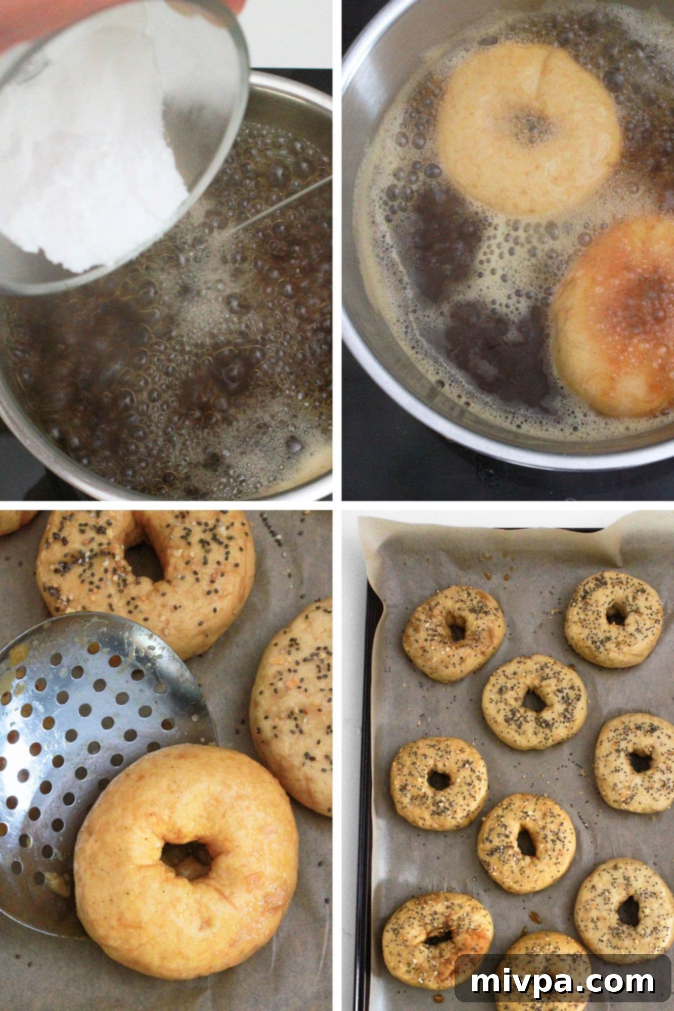 Gluten-Free and Vegan Bagel Recipe Close-up collage showing bagels being boiled in a baking soda bath, crucial for their texture and crust.