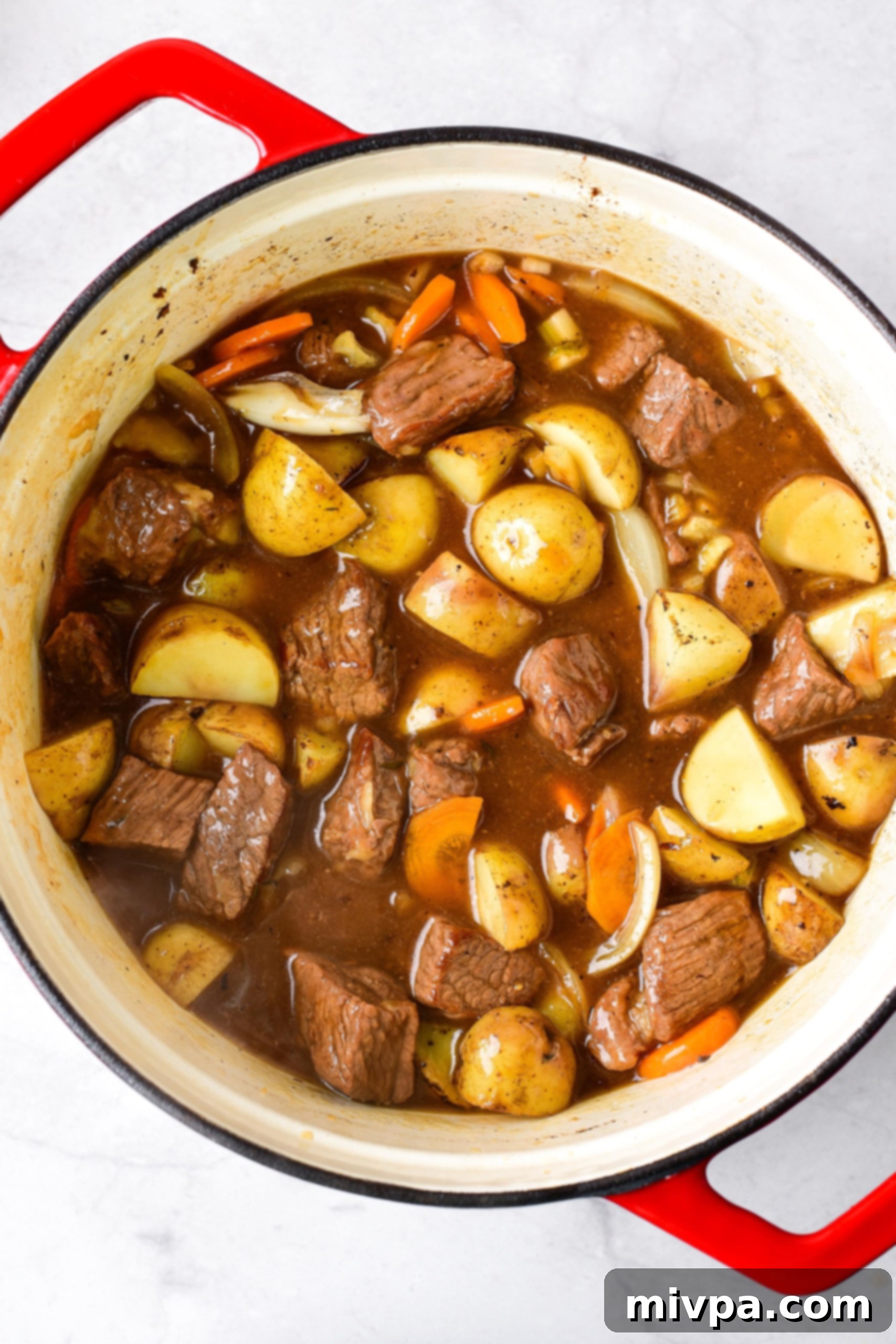 Gluten Free Dairy Free Beef Stew Freshly cooked gluten-free beef stew in a pot.