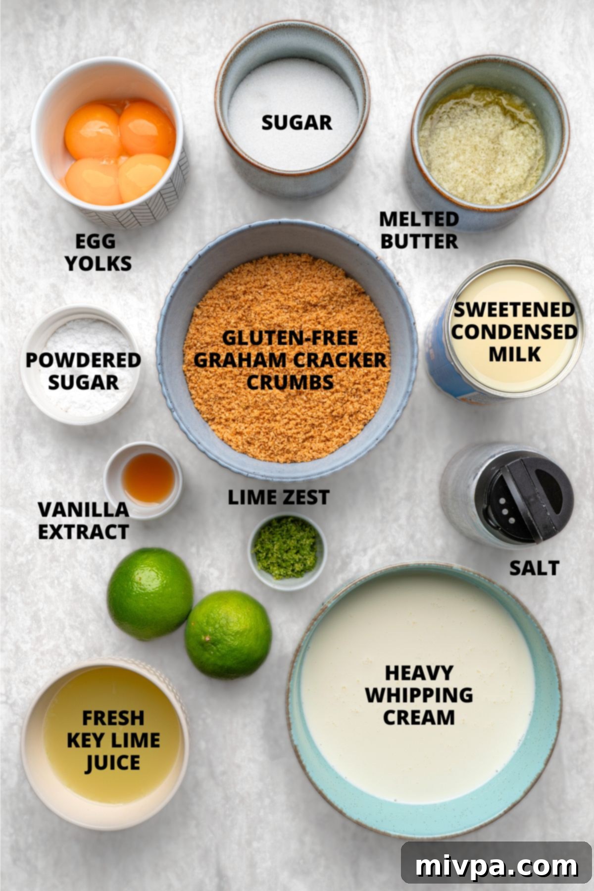 An array of fresh, high-quality ingredients for a gluten-free key lime pie recipe, meticulously laid out on a clean white board, including key limes, graham crackers, eggs, and dairy products or their alternatives.