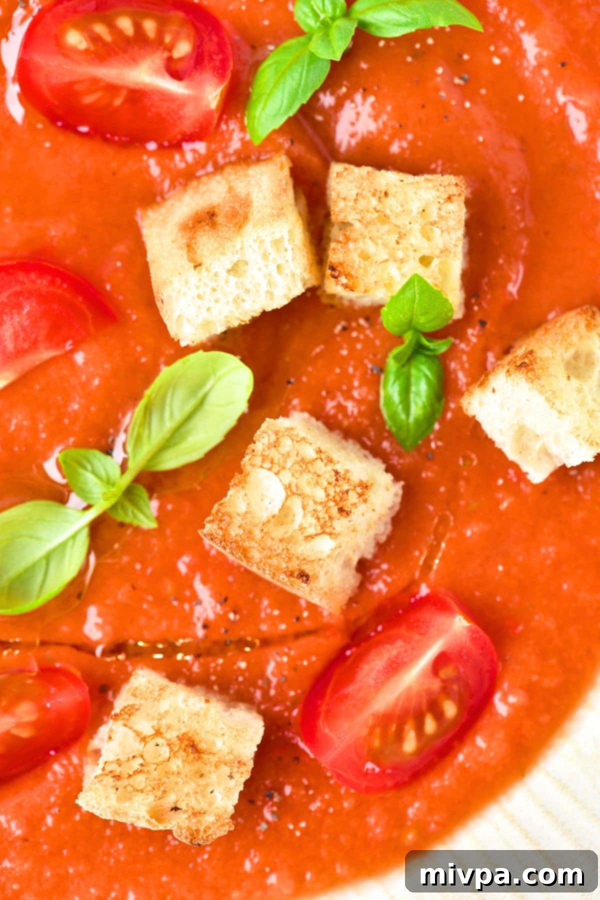 A bowl of gluten-free gazpacho topped with basil, diced tomatoes, and golden croutons.