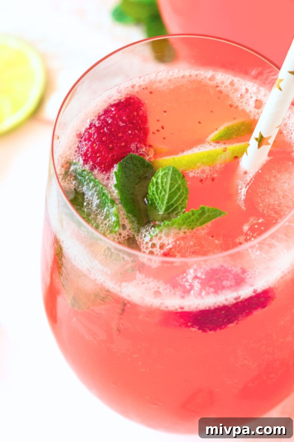 Sparkling Strawberry Lemonade (Gluten-Free, Vegan) A glass of sparkling strawberry lemonade garnished with mint and fresh lime slices.