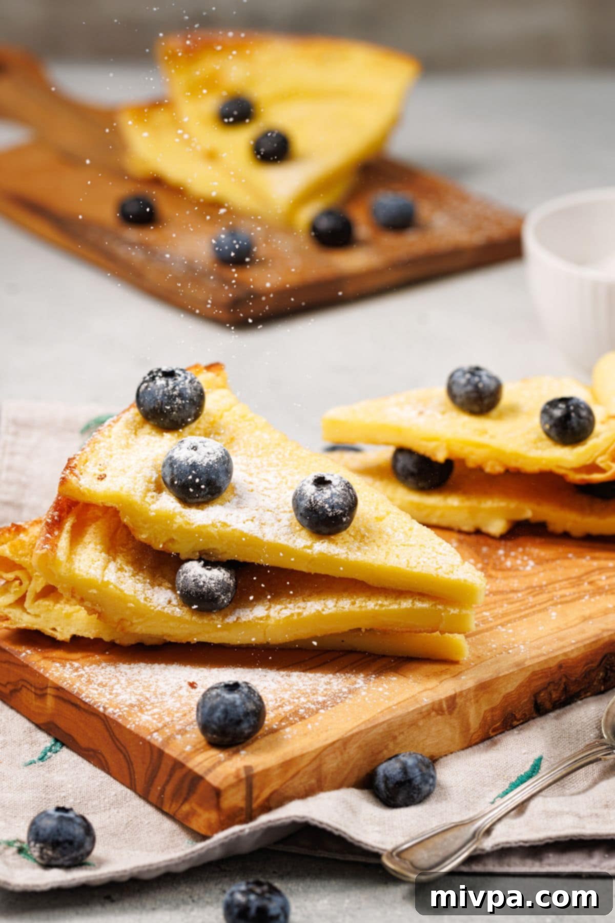 Easy Gluten-Free Dutch Pancakes (Dairy-Free) A stack of sliced Dutch pancakes on wooden board.