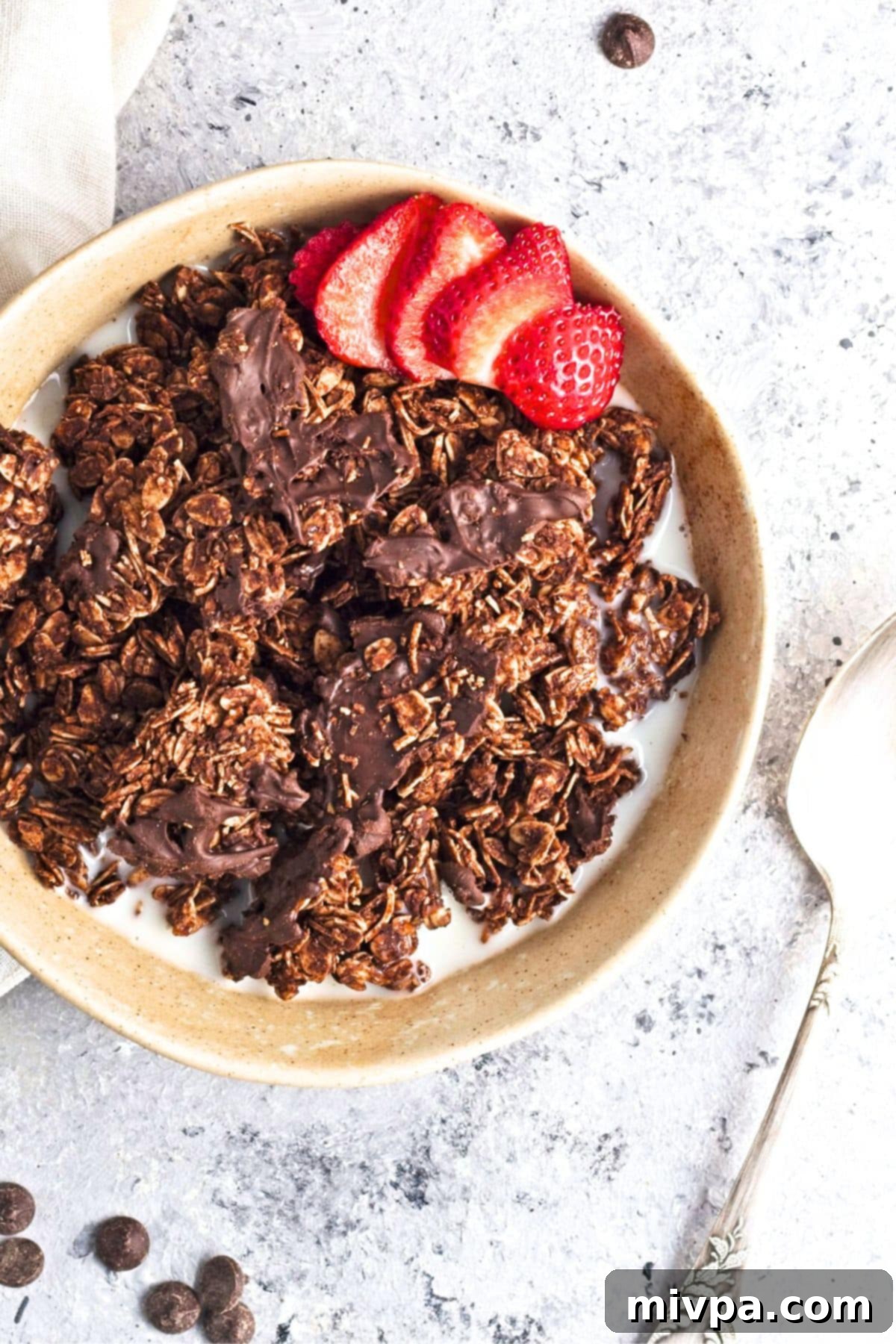 Chocolate Coconut Granola (Gluten-Free, Vegan) Top down view of a bowl of chocolate coconut granola and strawberries.
