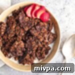 Decadent Gluten Free Vegan Chocolate Coconut Granola 3 A bowl with chocolate coconut granola clusters.