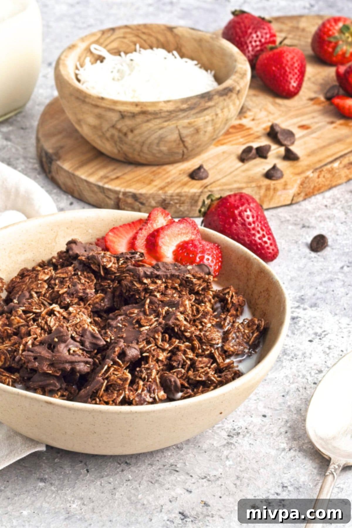 Chocolate and Coconut Granola (Gluten-Free, Vegan) A bowl of chocolate and coconut granola with milk
