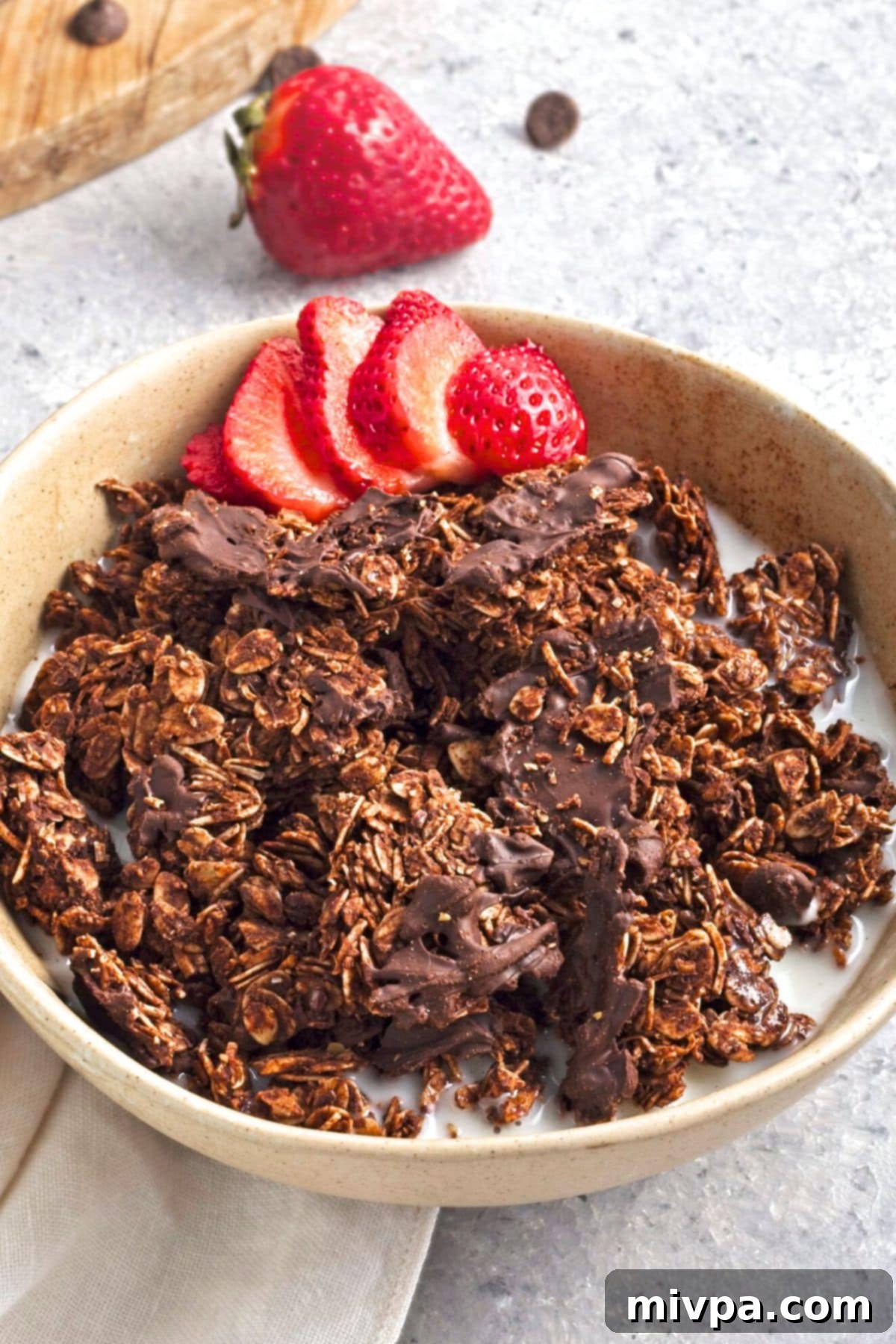 Chocolate Coconut Granola (Gluten-Free, Vegan) A bowl of chocolate coconut granola in milk.