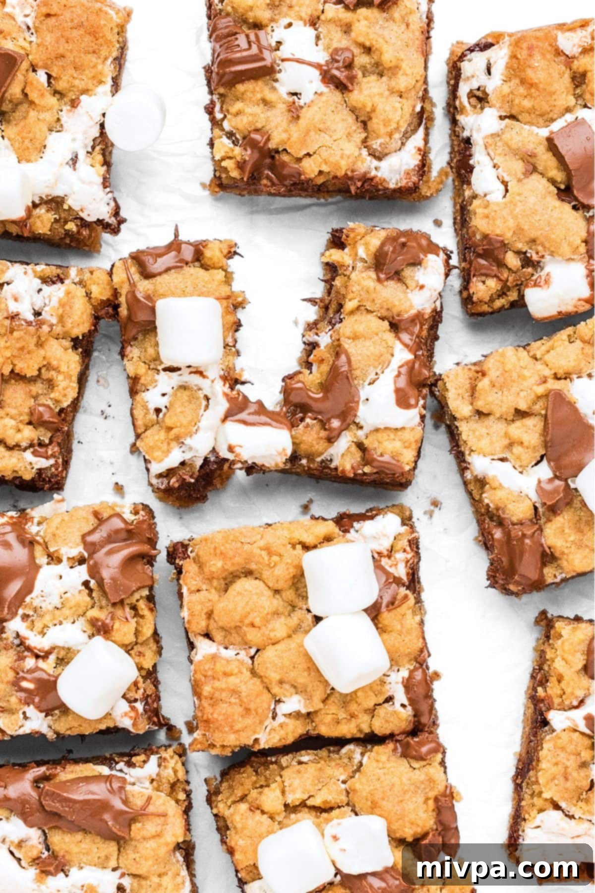Top down view of beautifully crafted gluten-free s'mores bars arranged on parchment paper, showcasing their golden-brown tops and distinct layers.