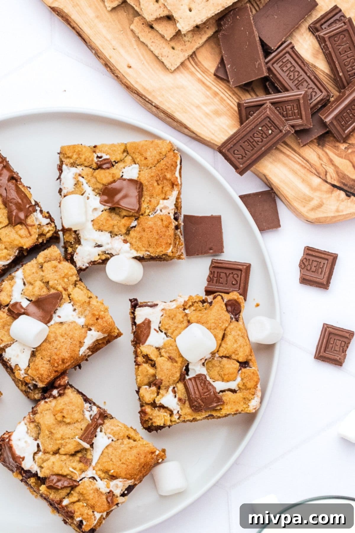 A beautifully arranged plate of golden-brown gluten-free s'mores bars, with a dairy-free option available, inviting a delicious bite.