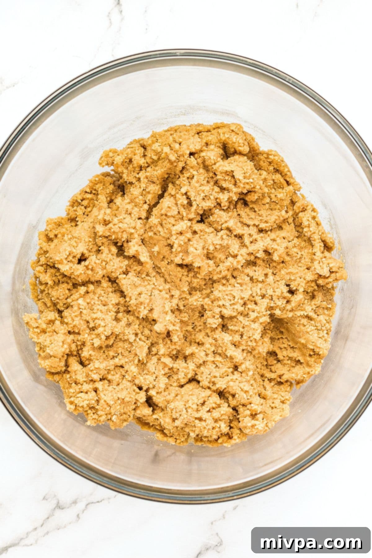 A bowl containing thick, rich graham cracker cookie dough, formed after combining all the wet and dry ingredients.