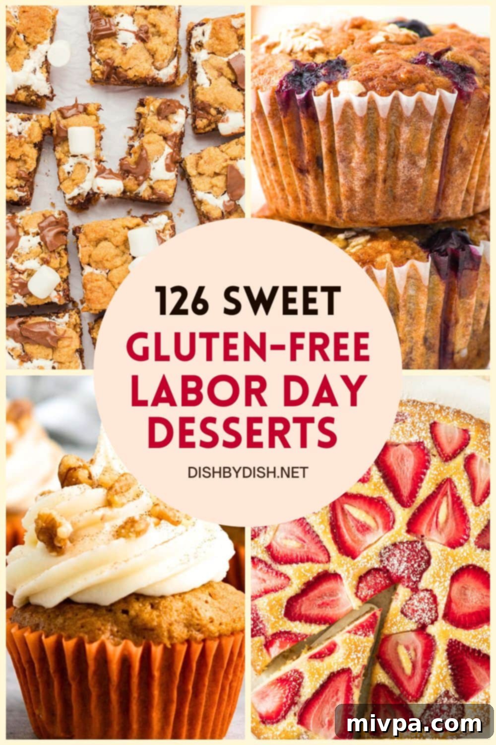 126 Gluten-Free Delights for Your Labor Day 2 A vibrant collage showcasing a variety of delicious gluten-free and dairy-free Labor Day desserts, including pies, cakes, cookies, and sorbets.