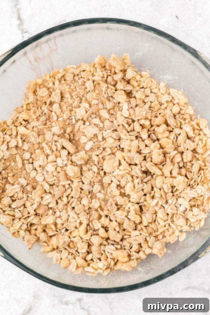 Apple Pie Oat Bars Crumble mixture in a bowl, showing coarse crumbs.