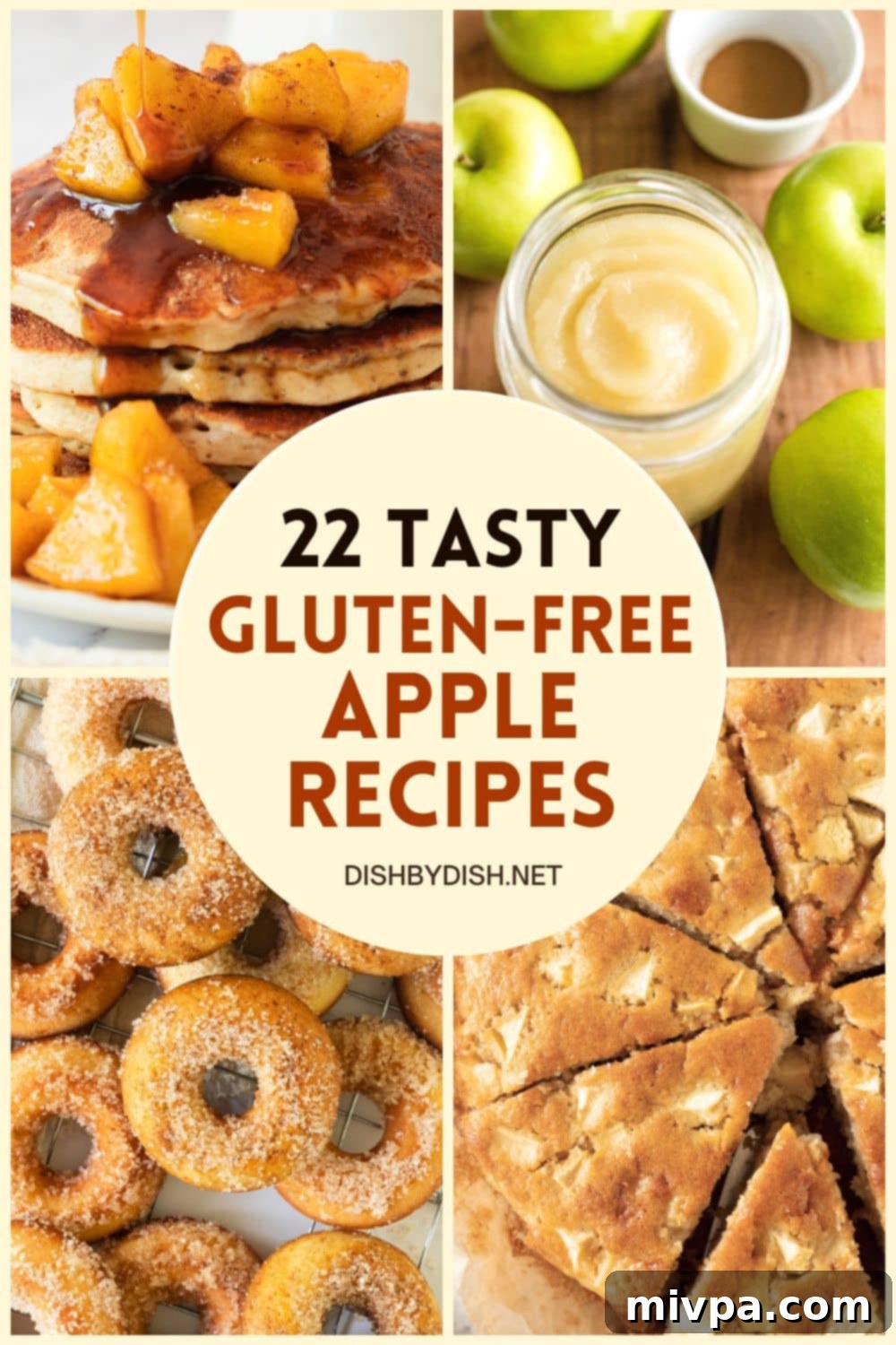 Fall's Sweetest Gluten-Free Apple Creations 2 Collage of images of various gluten-free apple recipes, including pies, crisps, muffins, and cider, set against a cozy fall backdrop.