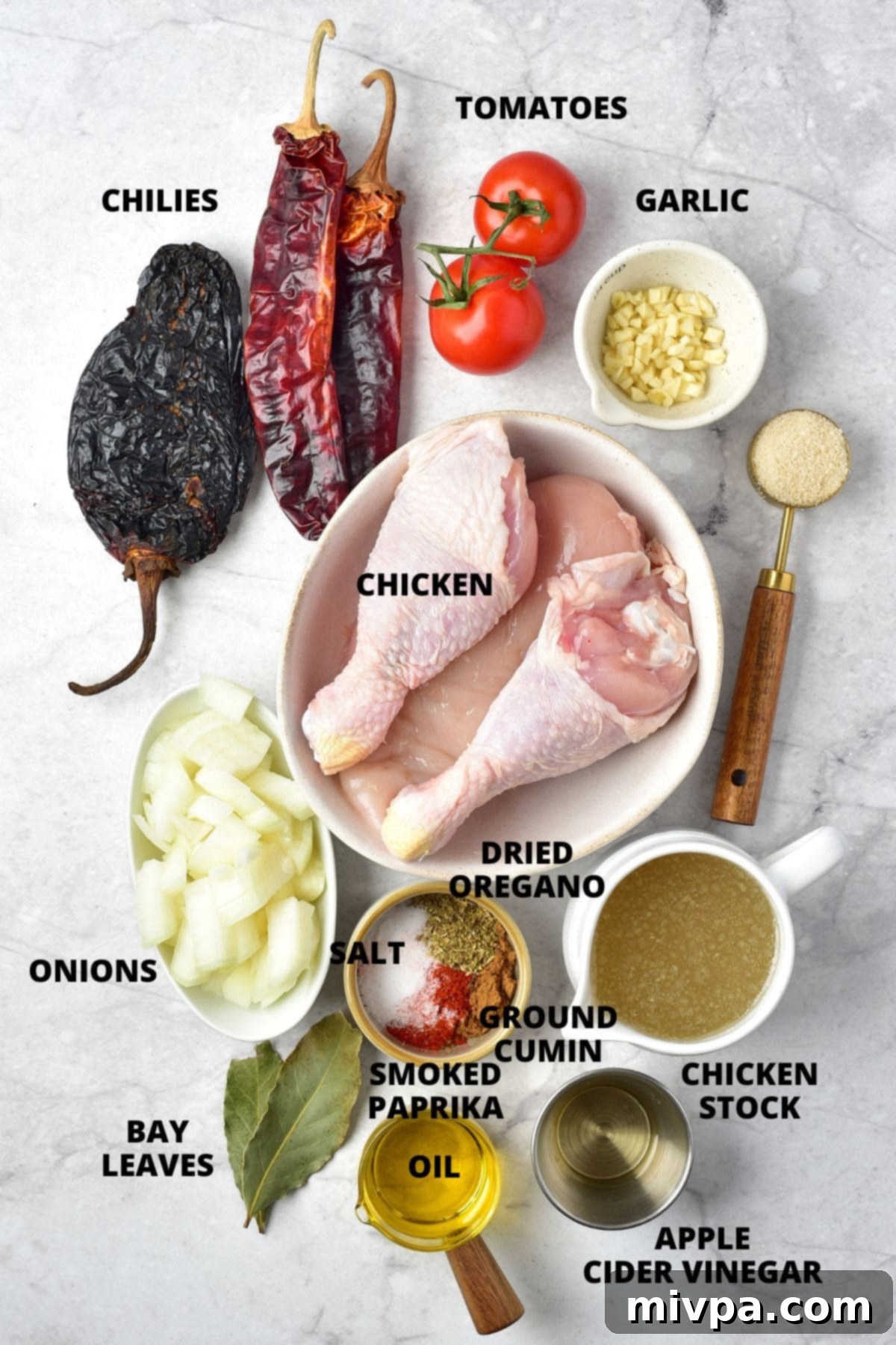 Chicken Birria Tacos Recipe (Gluten-Free, Dairy-Free Option) Ingredients for chicken birria tacos recipes laid out on a marble board, including chicken, chiles, tomatoes, onions, garlic, and spices.