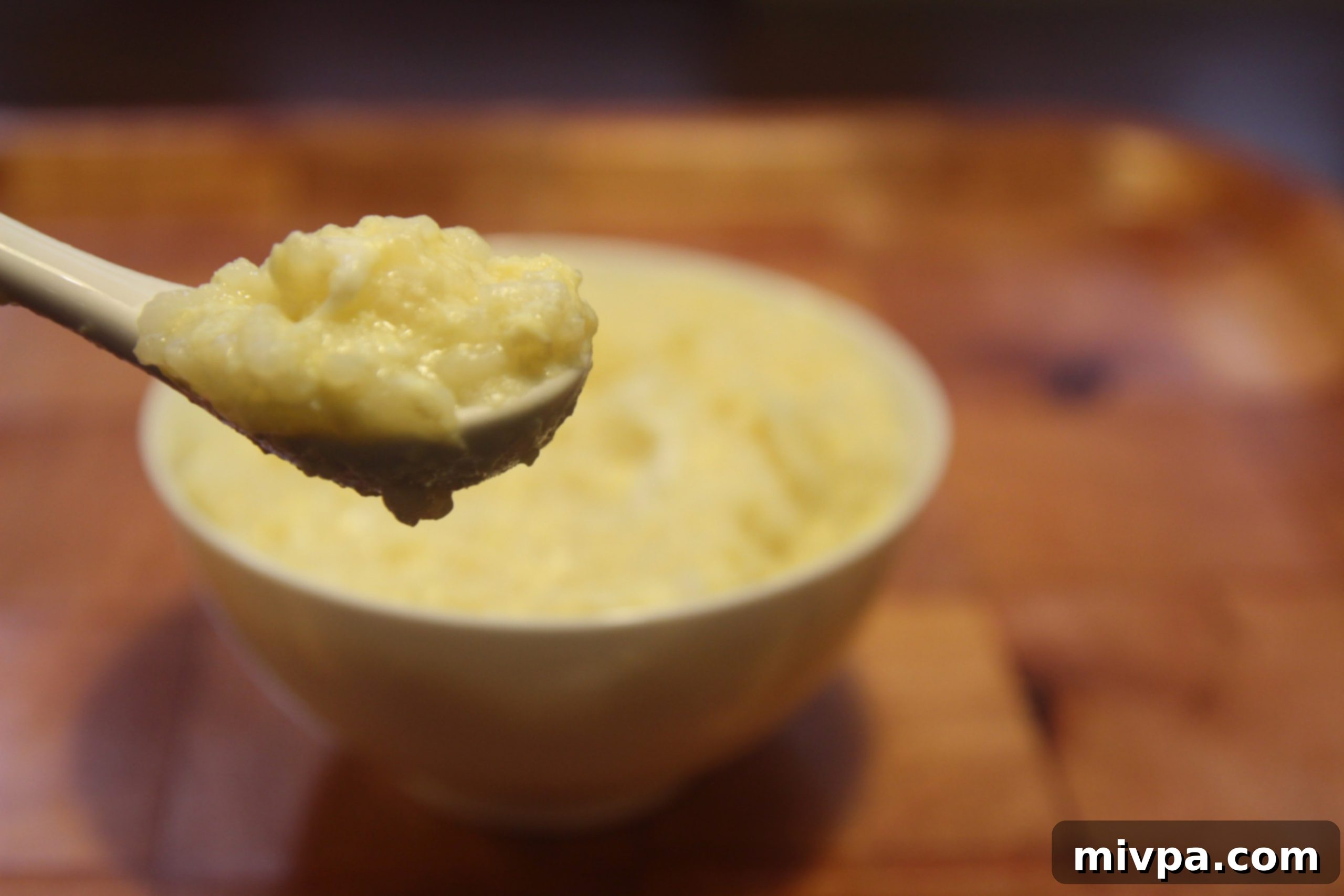 Close-up of a spoon scooping into the creamy egg porridge.