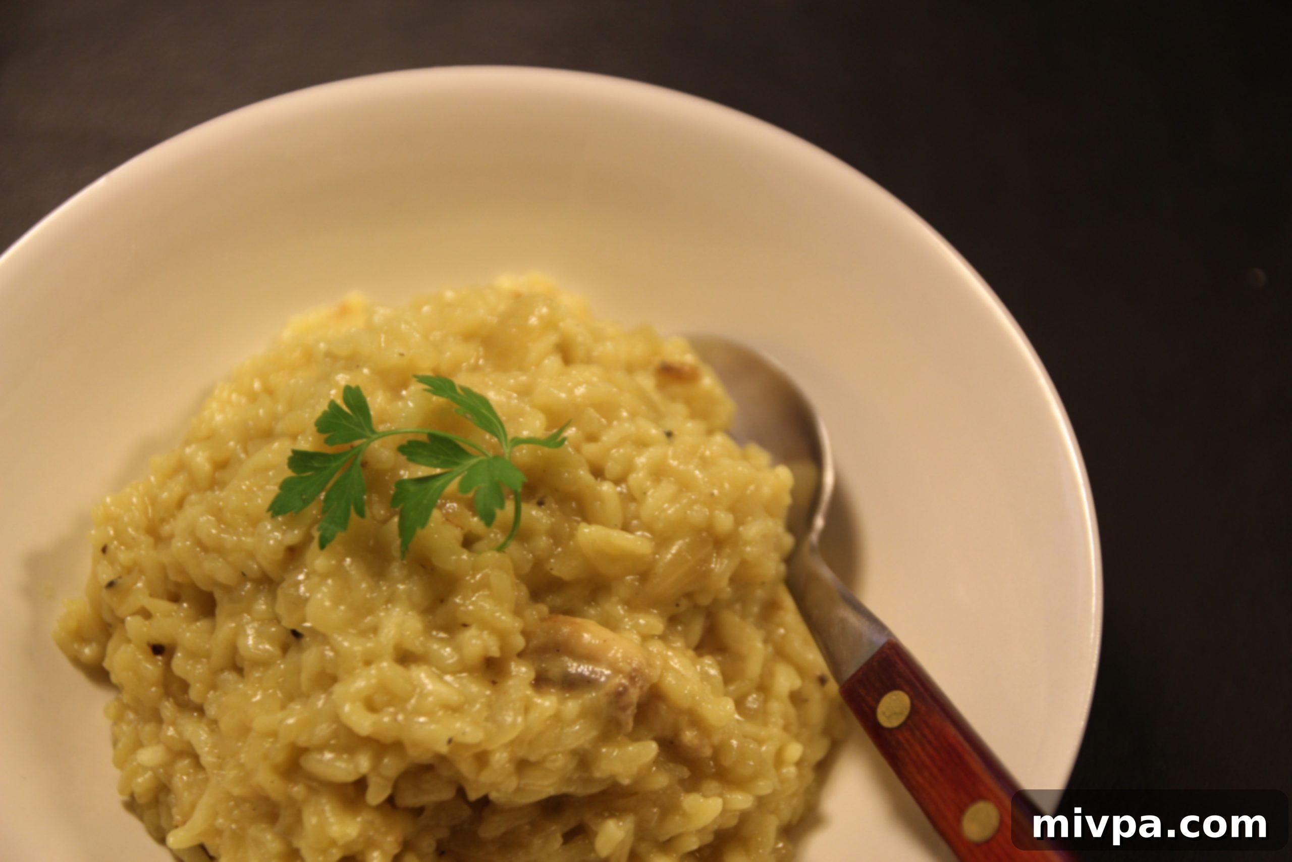 Close-up of a spoonful of creamy Chicken Saffron Risotto