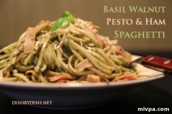 Delicious Basil Walnut Pesto & Ham Spaghetti served on a plate