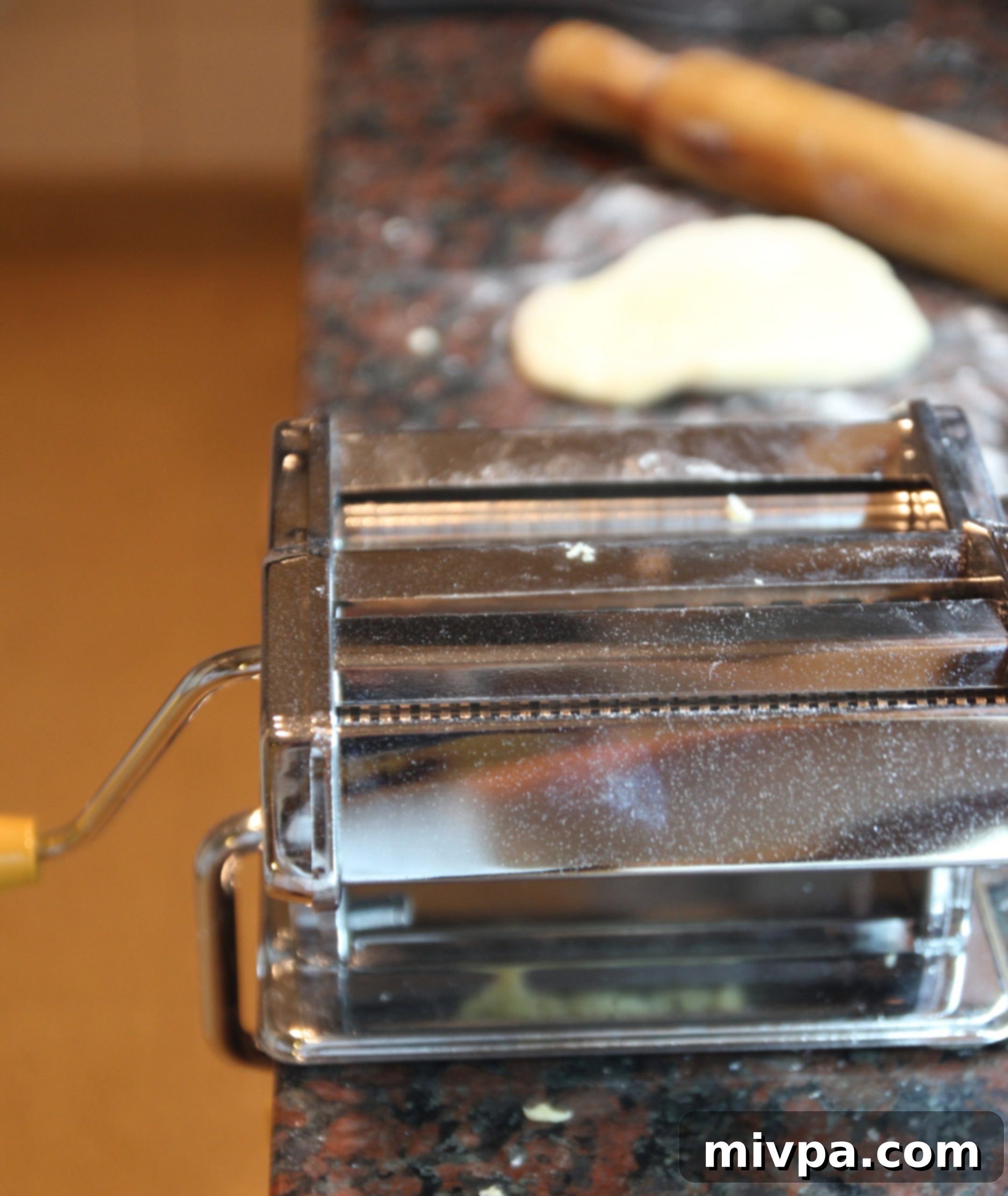 A person looking intently at a pasta maker, preparing for their first attempt at homemade pasta.